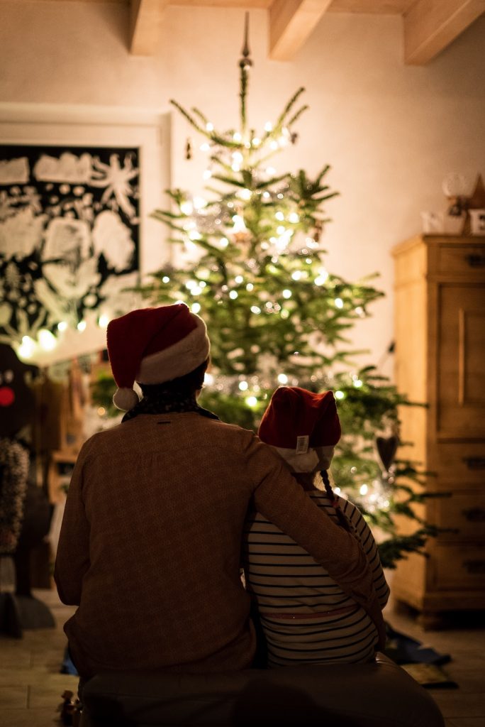 Backs of parent and child with Santa hats looking at Christmas tree as bucket list wish to spend time together