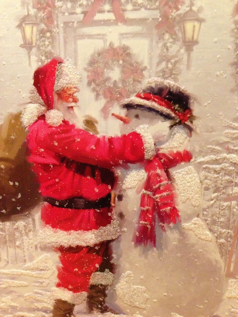 Drawing of Santa Claus adjusting hat on snowman.