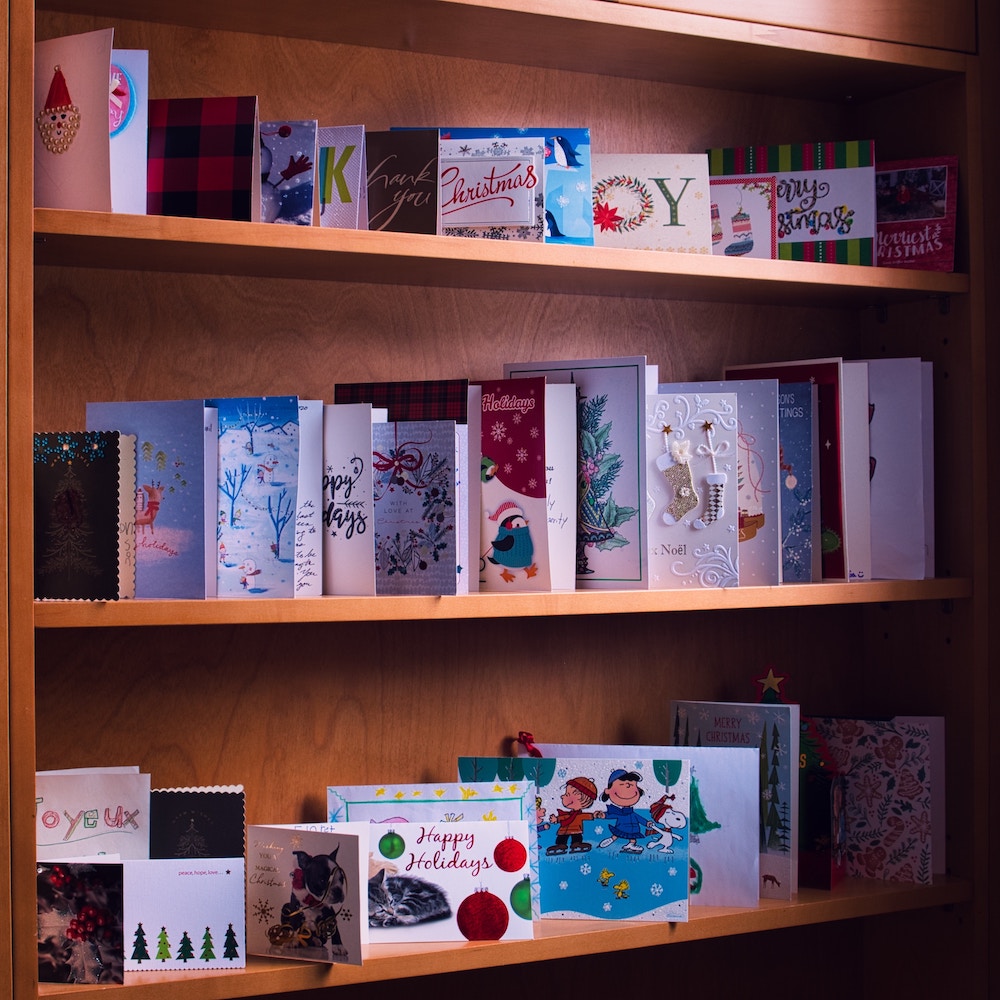 Book shelf filled with cards