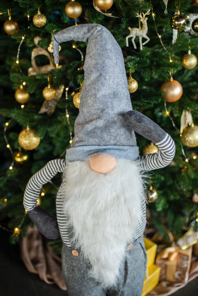 Blue Christmas gnome ornament in Christmas tree