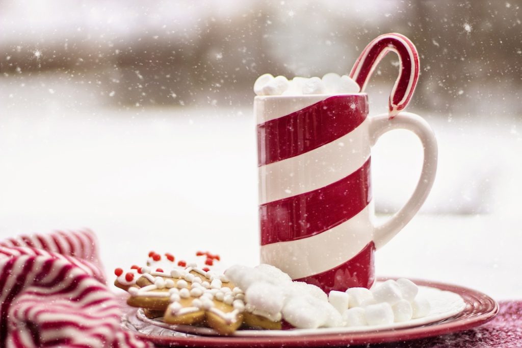 Red and White striped mug on a plate filled with cookies and marshmallows.