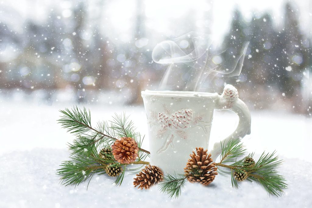 White mug sitting on white now with evergreen branch and pinecones,