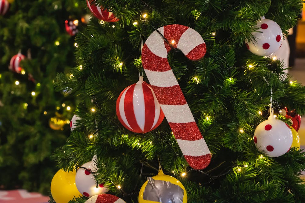 Candy cane ornament hanging in lighted Christmas tree