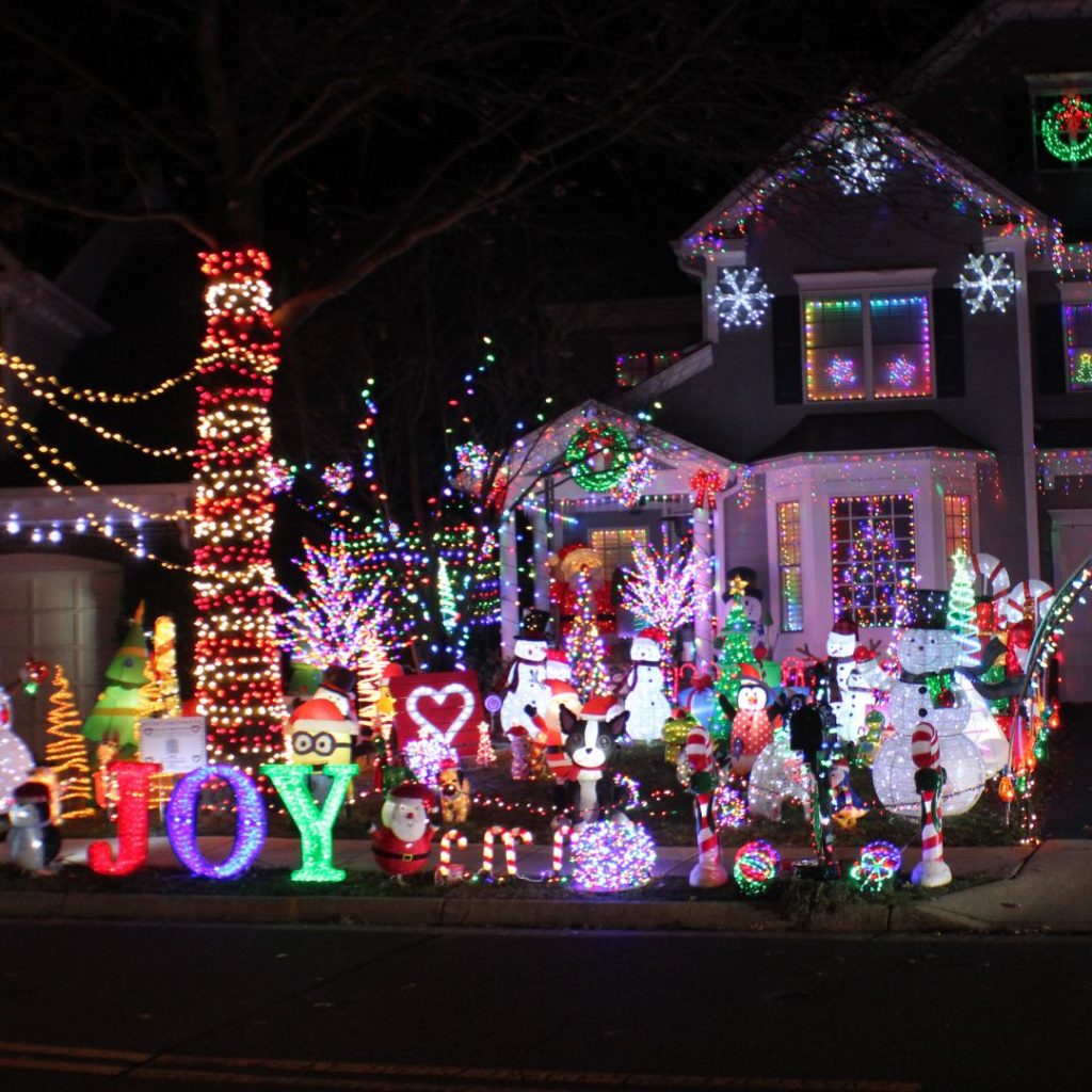 Lots of decorations for Christmas Lights Scavenger Hunt.