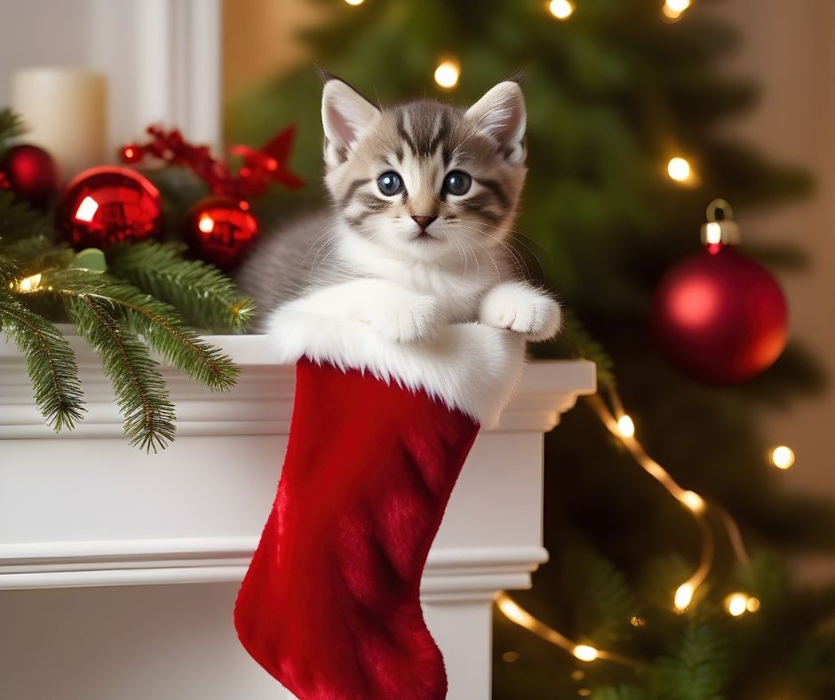 Kitten sitting on the mantle in front of a stocking.