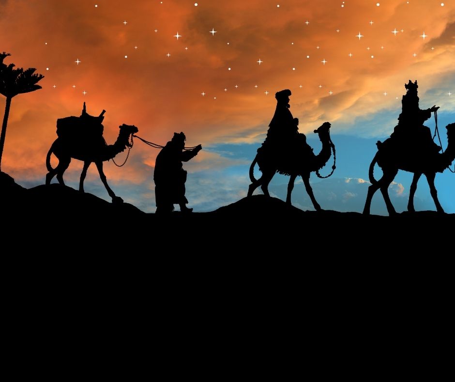 Three kings on camels at sunset depicting the joy of Epiphany.