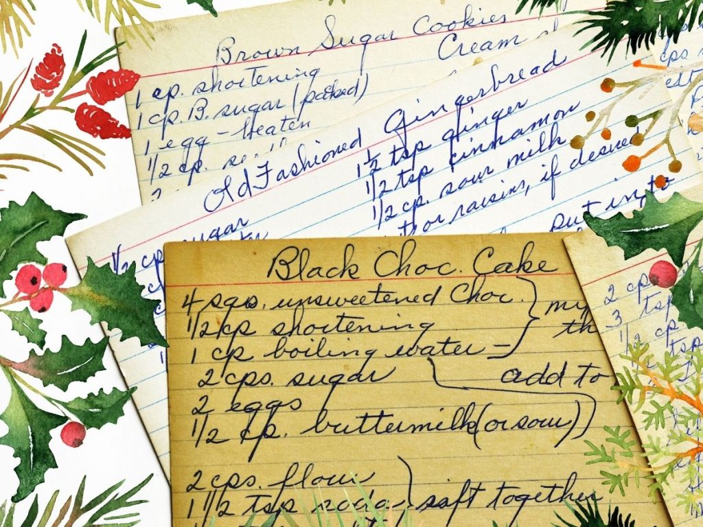 Hand written recipes on notecards. Shows recipes good for family holiday cookbook.