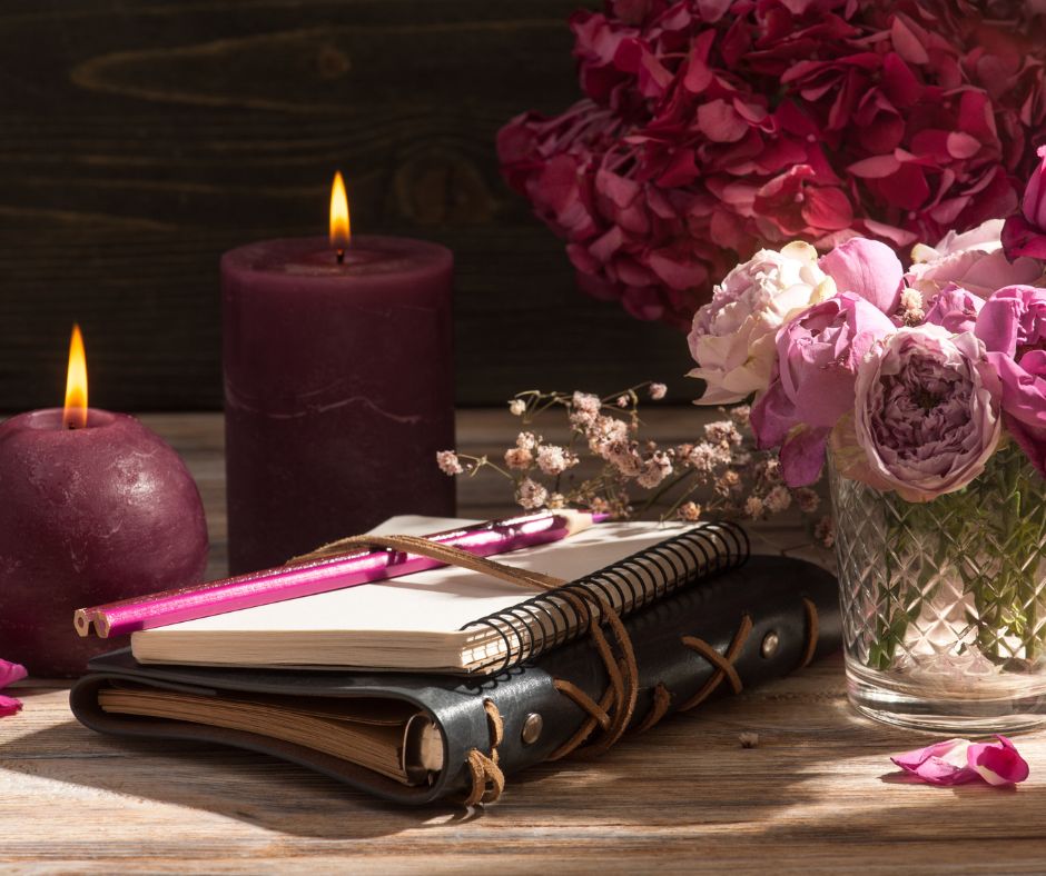 Roses, red candles and 2 journals on a table.