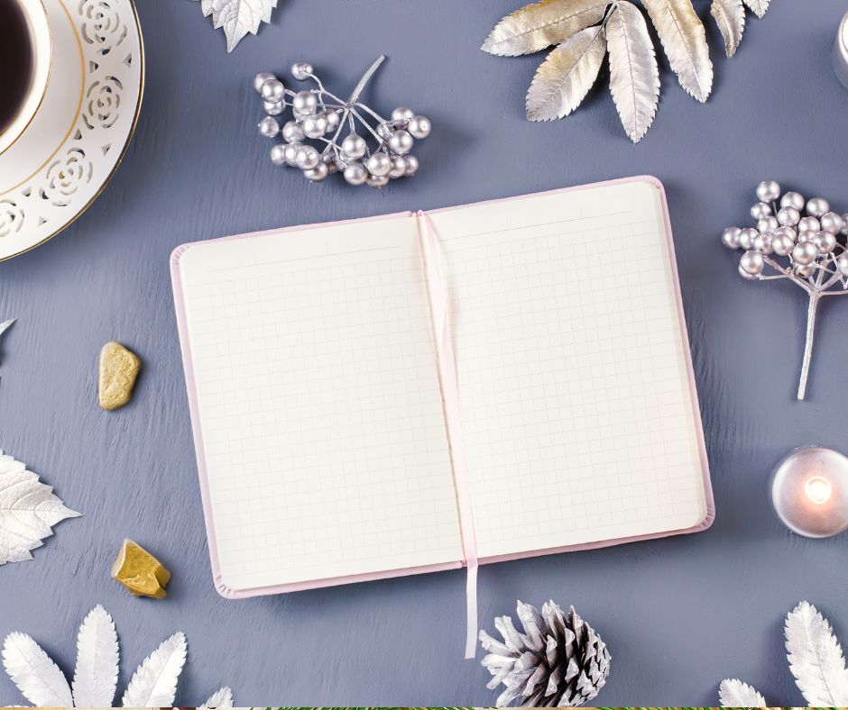 Picture of a Christmas journal on blue background with Christmas decorations.