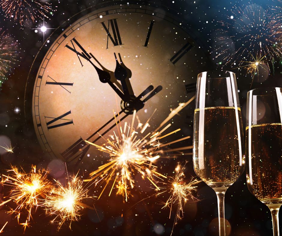 Clock, gold fireworks amnd 2 glasses of champagne to symbolize new year.