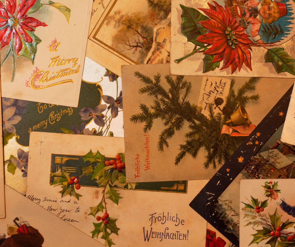 Table filled showing how recycling Christmas cards can be useful to repurpose the many cards we receive.