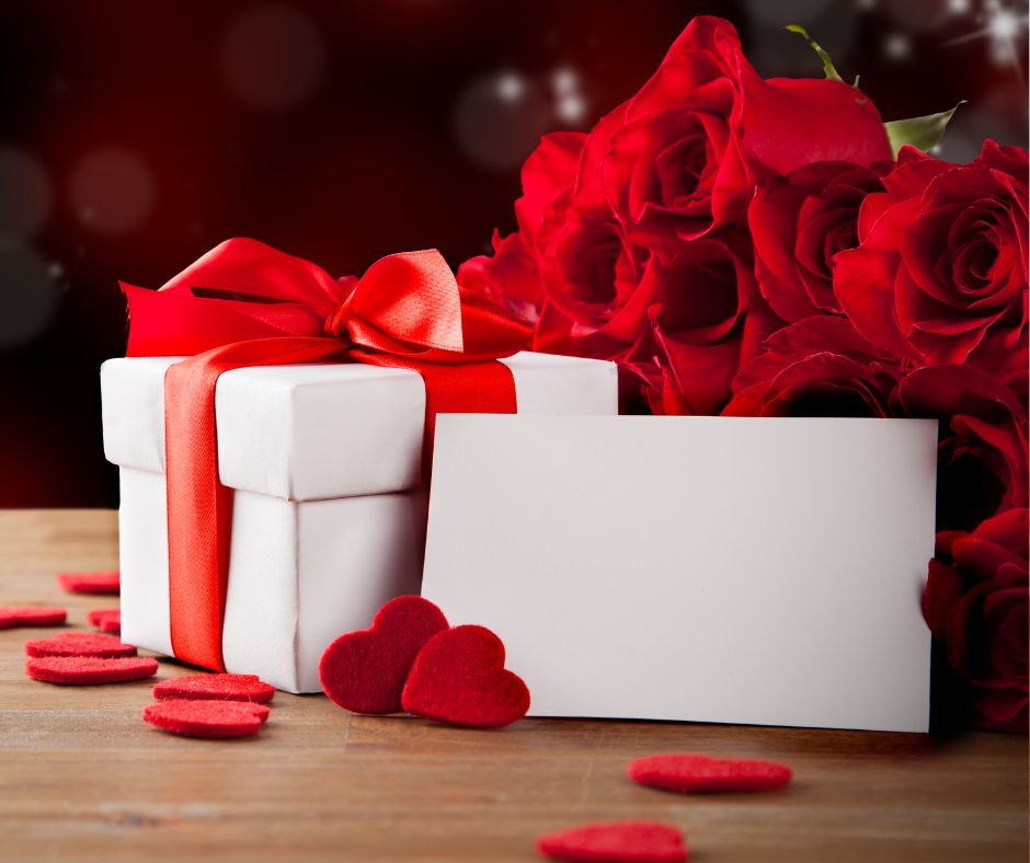 Boxes demonstrating ways to celebrate Valentine's Day by giving gifts.