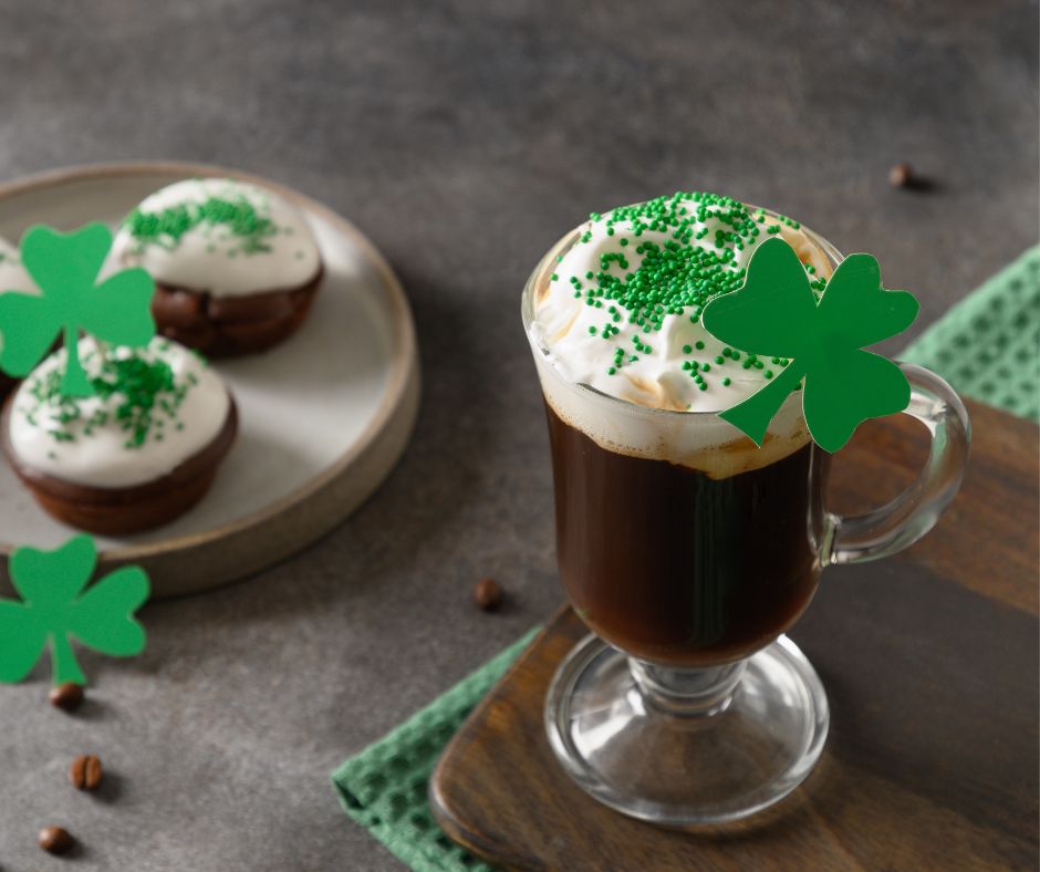 Irish coffee with green spinkles and chocolate cookies with green sprinkles. 