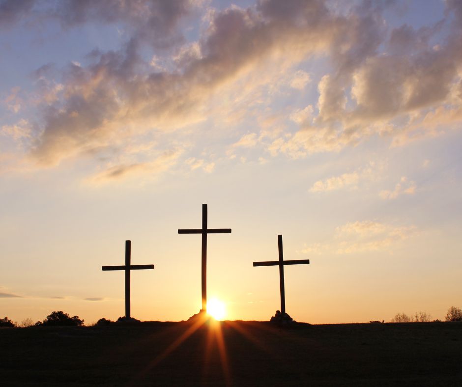 Three crosses on hill representing some of the Easter Trivia game questions.