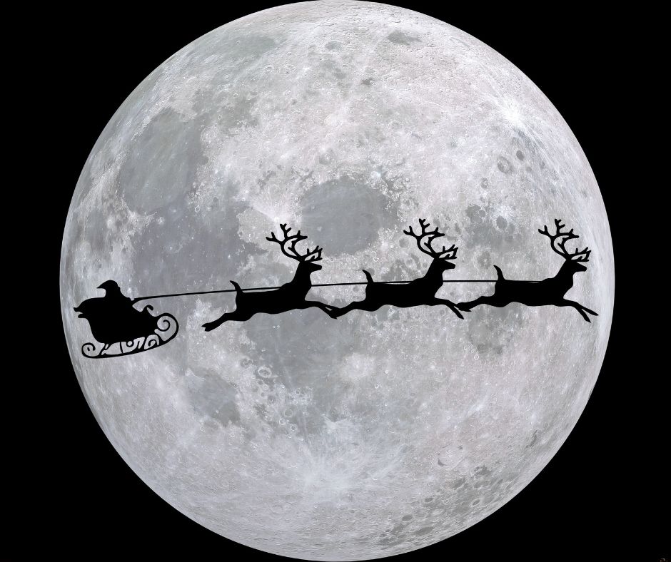 Santa and reindeer riding in front of white moon