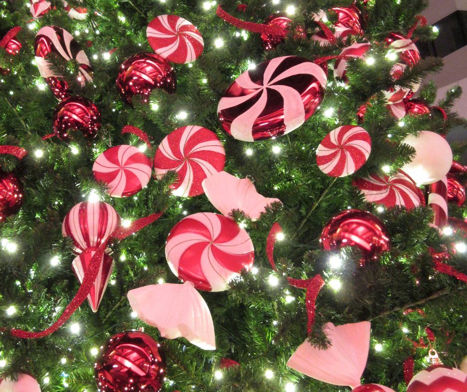 Candy Lane themed Christmas tree with peppermints in red and pink