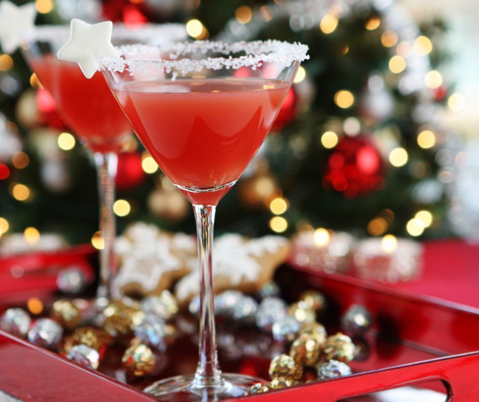 Red drinks showing ugly christmas sweater party ideas to serve.