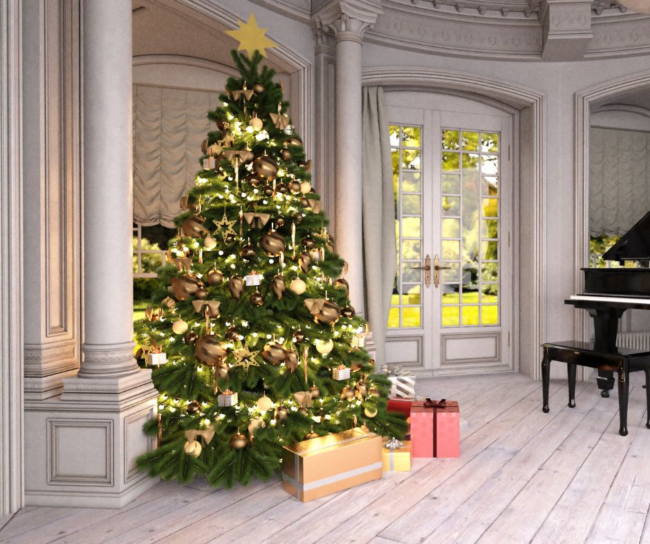 Fake Vs Real Christmas trees - decorated Christmas tree with gold ribbons and baby grand piano