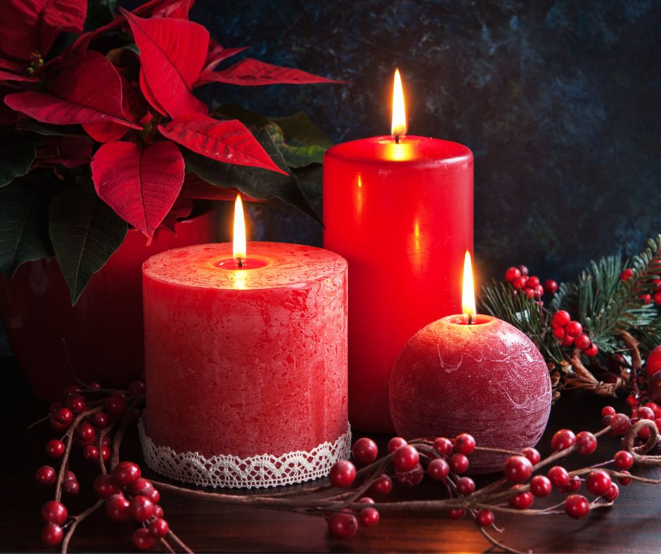 Red Christmas candles for holiday safety tips with candles