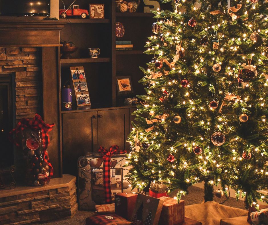 Christmas tree with lights demonstrating holiday safety tips with trees and lights