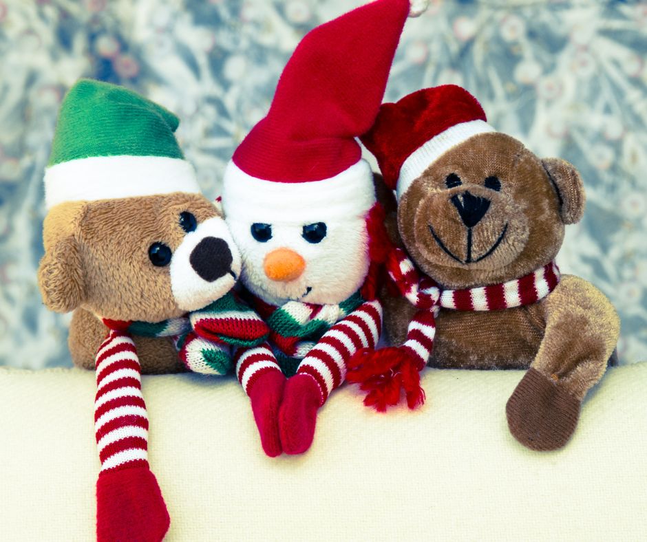 Three Christmas stuffed animals for prizes for Christmas games. 