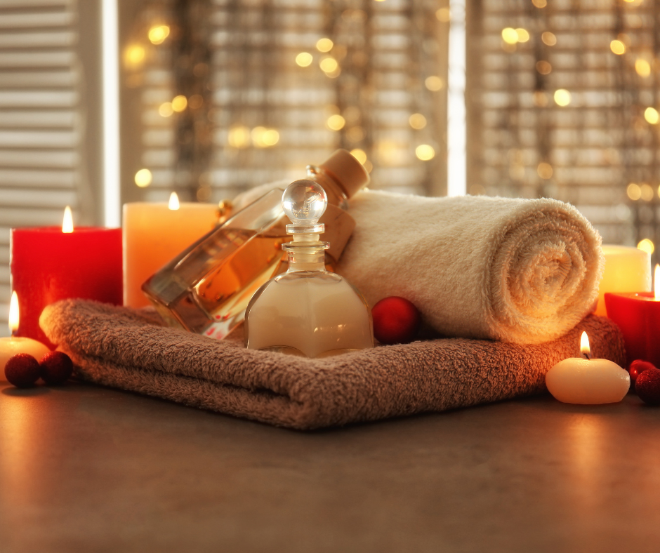 Spending Christmas alone with spa items, towels, candles and lotions.