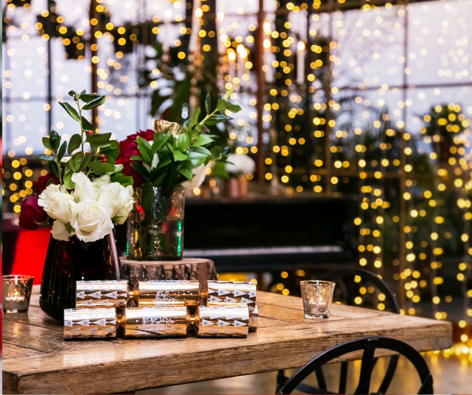 Christmas decorations with lights, table with decorations