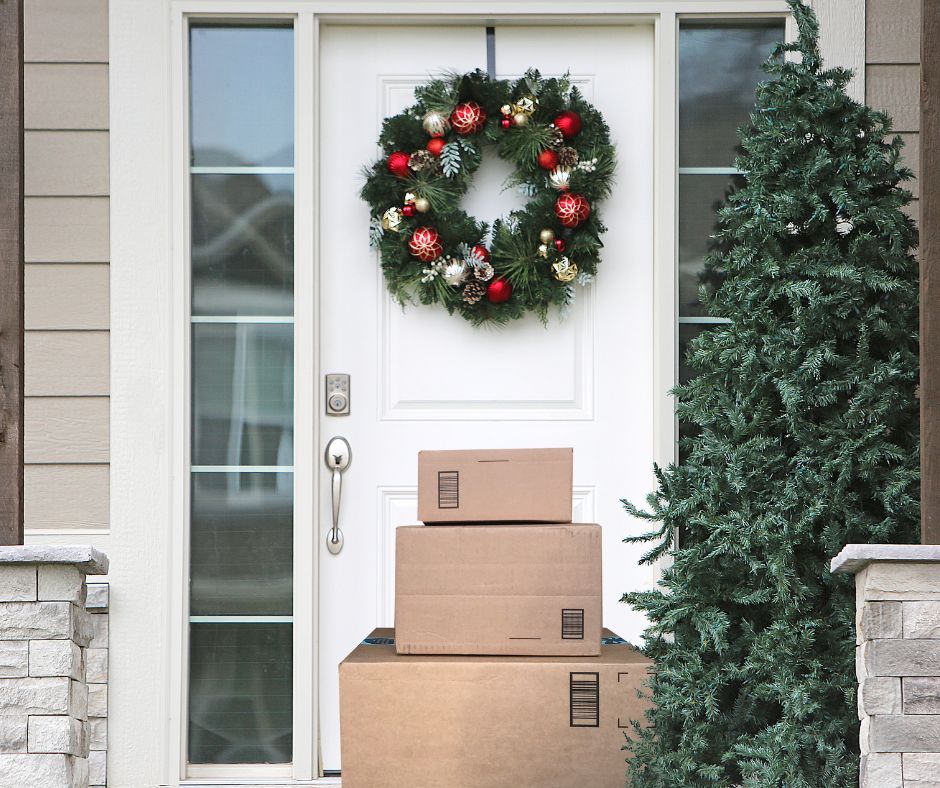 Packages outside the door to show Christmas scams with packages