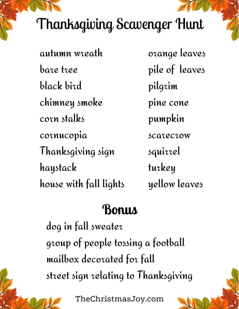 Thanksgiving Scavenger Hunt list of items to find