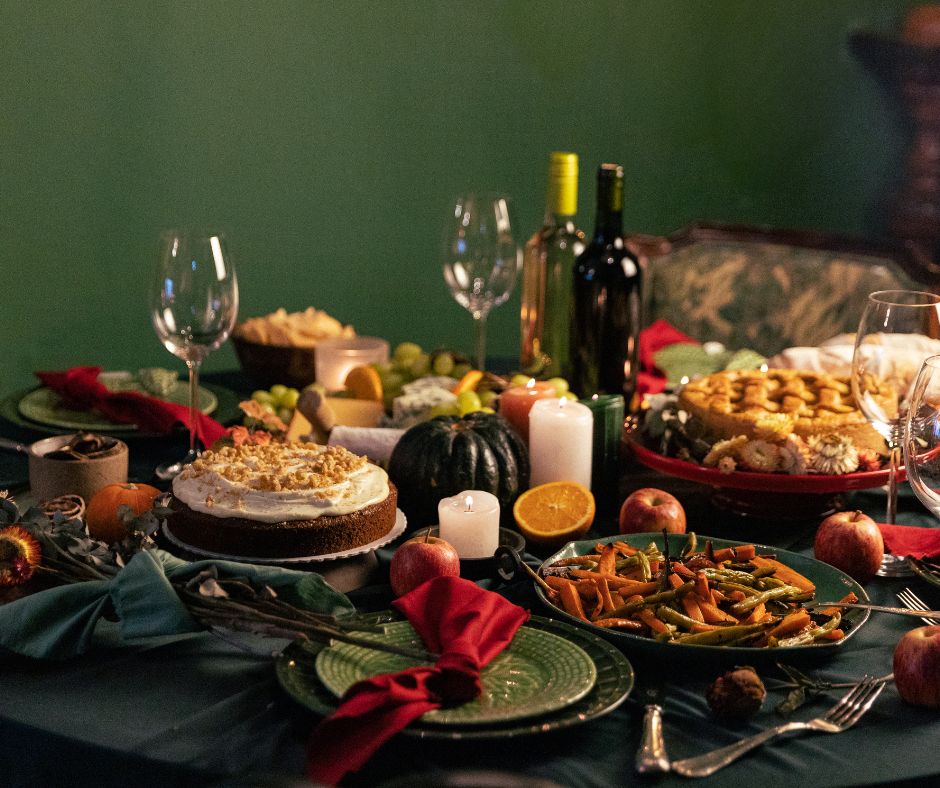 Thanksgiving gratitude shown with table filled with festive meals