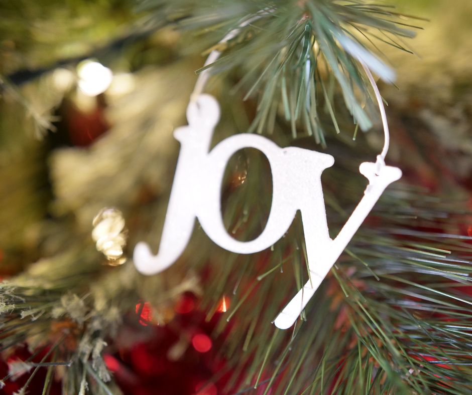 Word joy ornament reflecting the time in between christmas and new year's