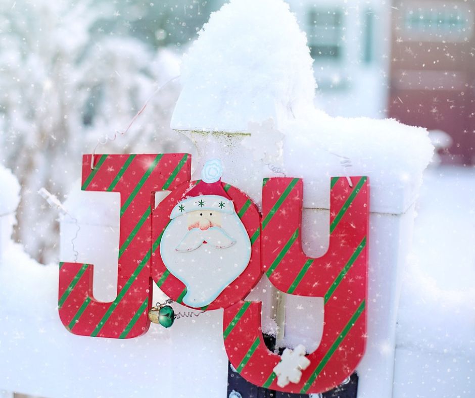 Red and Green blocks of word JOY to depict joy of Christmas podcasts.