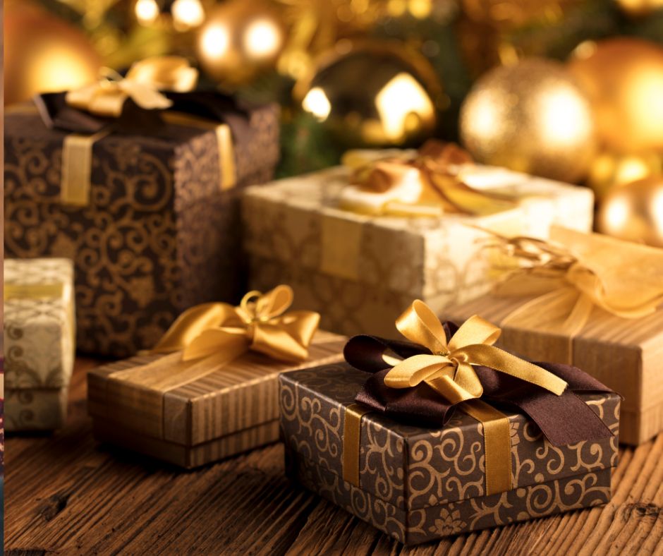 Gold and brown Christmas gifts for couples with gold Christmas balls