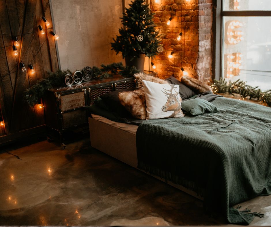 Picture of Christmas decor for apartments with lights rustic furniture small tree.