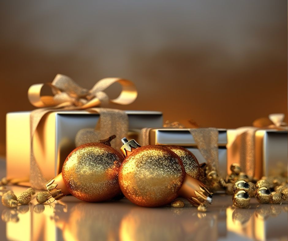 Gold wrapped Christmas gifts for moms with gold ribbon and gold ornaments